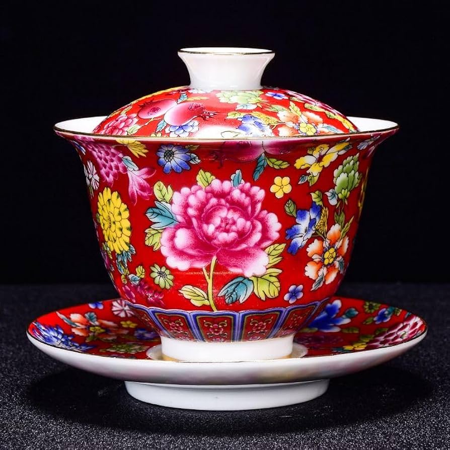 煎茶 赤金彩 蓋碗 和善作 六客 美品(LC807) 煎茶 赤金彩 蓋碗 和善作 六客 美品(LC807) 煎茶 赤金彩 蓋碗 和善